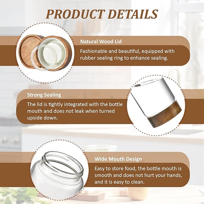 3 Pack 17 fl oz/500ml Clear Glass Storage Canister with Airtight Wooden Screw On Lid, Small Cute Decorative Glass Container Jar Set for Coffee, Candy, Cookie, Condiment, Pepper, Sugar, Oatmeal