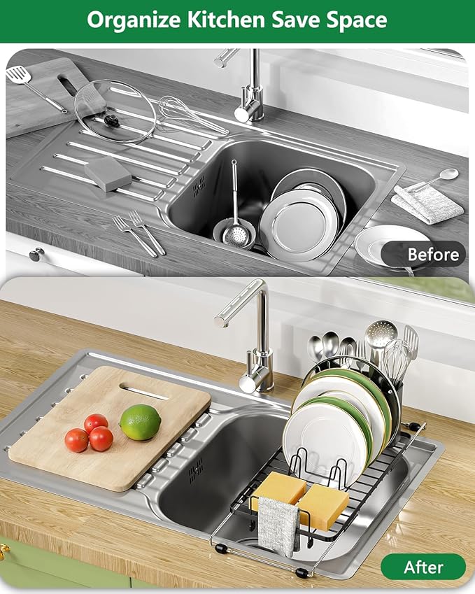 Small Dish Drying Rack, Expandable Sink Dish Rack Over Sinks, Dish Drainer for Kitchen Counter with Cutlery Holder, Space-Saving for Small Kitchens, Black