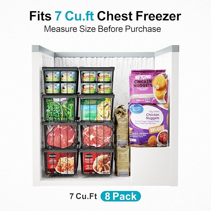 iSPECLE Freezer Organizer Bins - Fits 7 Cu.Ft Chest Freezer, 4 Pack Stackable Deep Freezer Organizer Bins (14.7" L) Easy Get Bottom Food with Handle, Wire Baskets Rust Resistant Sort Frozen Food