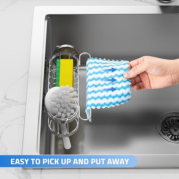Cisily Kitchen Sink Caddy Sponge Holder in The Sink, Stainless Steel Kitchen Sink Organizer, Brush Holder, Dish Cloth Hanger, Sink Stopper Holder (Suction cup-Silver)