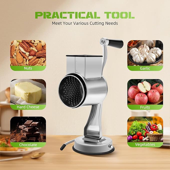 5-in-1 Stainless Steel Rotary Cheese Grater & Vegetable Slicer with 5 Interchangeable Blades, Countertop Cheese Grater Manual Kitchen Shredder Round Food Chopper for Fruit, Vegetables, Nuts and More