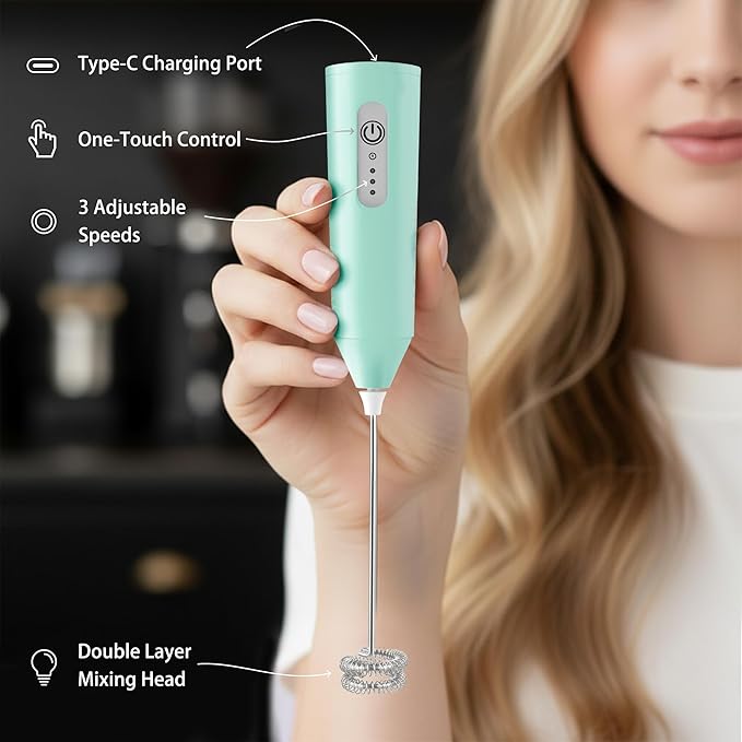 Puraville Rechargeable Milk Frother Handheld, 3 Speeds Electric Whisk Drink Mixer, Type-C Charging BPA Free for Coffee, Latte, Cappuccino, Egg,Cream, Light Green