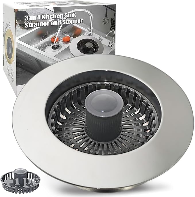 Anlige Kitchen Sink Drain Strainer, 3 in 1 Pop Up Kitchen Sink Stopper, with an Extra Basket Strainer, Universal for US Standard 3-1/2 Inch, Chrome Silver