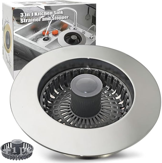 Kitchen Sink Drain Strainer, 3 in 1 Pop Up Kitchen Sink Stopper, Chrome Silver