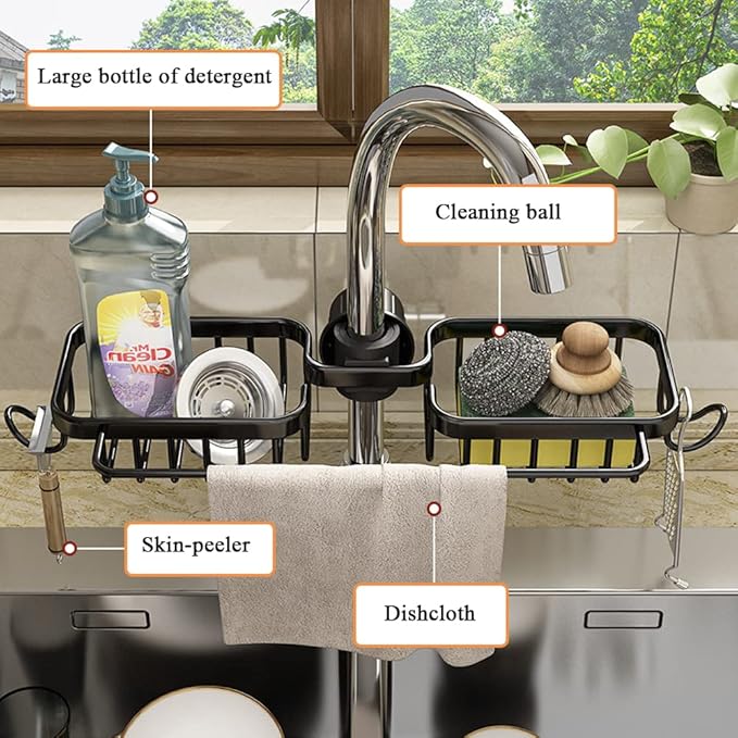Faucet Sponge Holder Kitchen Sink Caddy Organizer Fit 0.71-1.1 inch diameter Faucet Hanging Drain Rack for Sink Organizer (Double with Dishcloth Rack, Black)