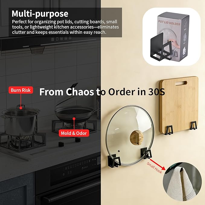 6 Pack Pot Lid Holders with Hook, Pot and Pan Hangers for Kitchen Inside Cabinet Wall Mount Rack Cabinet Door Lid Organizer, Save More Space, Black