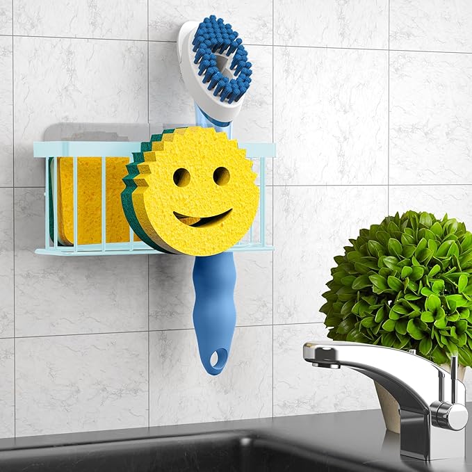 MURLONG Sponge Holder Smiley Face,Sink Caddy for Kitchen Sink,Sponge Holder with 2 PCS Suction Cups/1 PCS Adhesive Strips,Designed for Sponge,Soap,Dish Brush,Scrubber-Blue