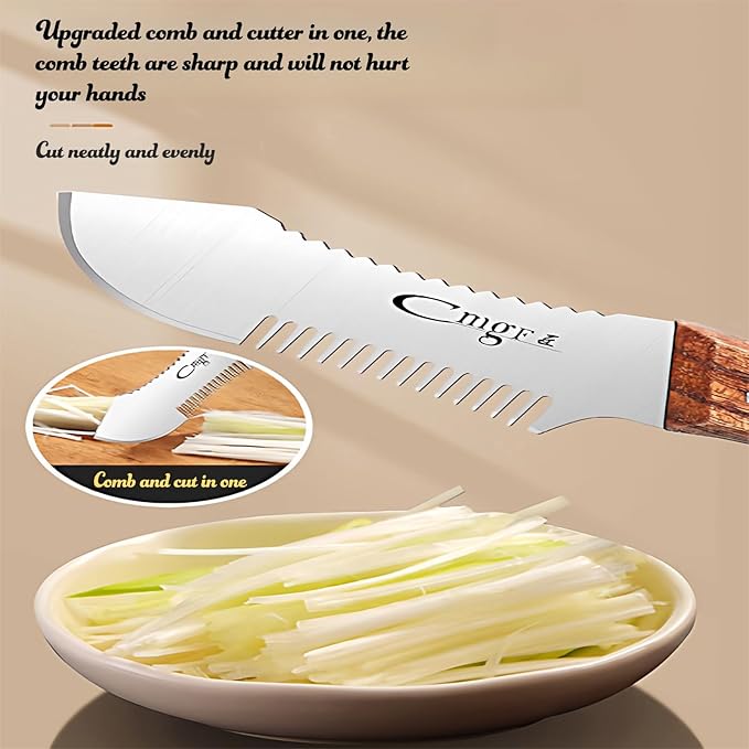 Julienne Slicer Stainless Steel Onion Cutter Scallion Shredder, Vegetable Chopper with Comb Teeth, Kitchen Gadgets (Wooden Handle)