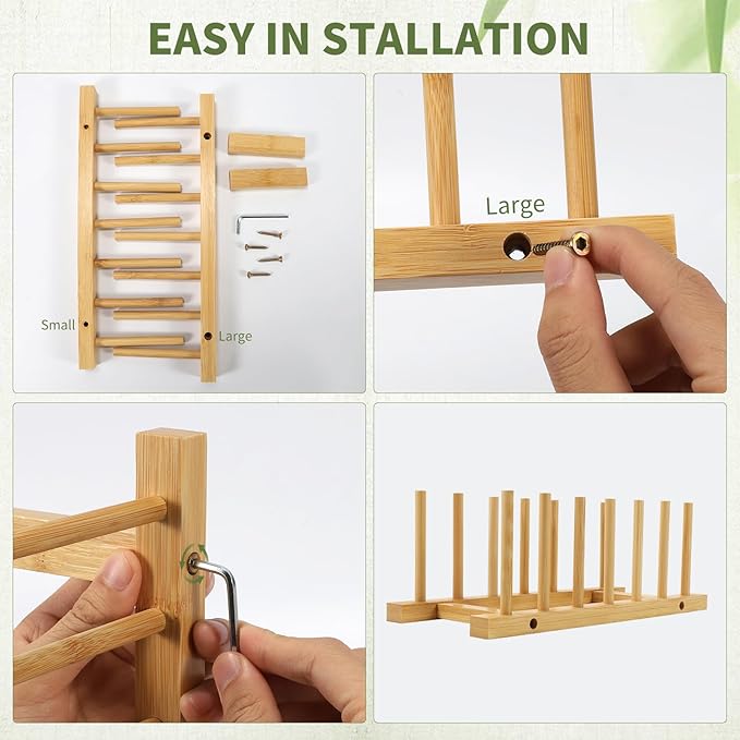DEBETOOL 2 Pack Wooden Dish Rack Holder - Bamboo Plate Organizer for Cabinet Dishes Pots Lid & Cutting Boards, Kitchen Cabinet Space Saving Storage Solution