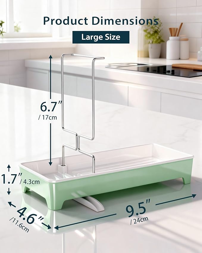 Minimalist Sink Caddy, Rustproof Sponge Holder for Kitchen Sink with 304 Stainless-Steel Brush Holder, Countertop Rack Organizer with Raised Ridges & Silicone Drain Tube (Mint Green, Large)