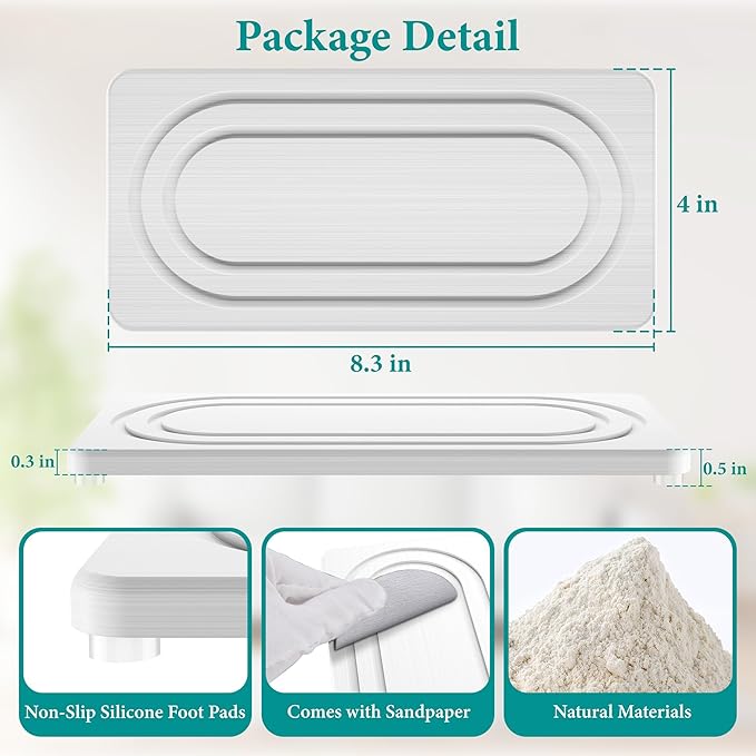 Water Absorbing Stone Tray, Quick Drying Diatomite Bathroom Tray Countertop, Stone Drying Mat for Kitchen Counter, Soap Dish Dispenser Vanity Organizer, White-B-8.3" x 4"