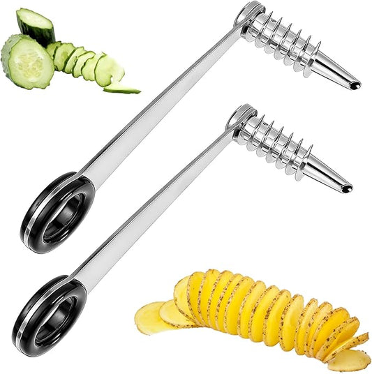 2 Pcs Spiral Potato Cutter, Piranha Spiral Knife Kitchen Accessories Tool, Stainless Steel Curly Fry Cutter, Spirals Slicer for Vegetables, Cucumbers and Carrots