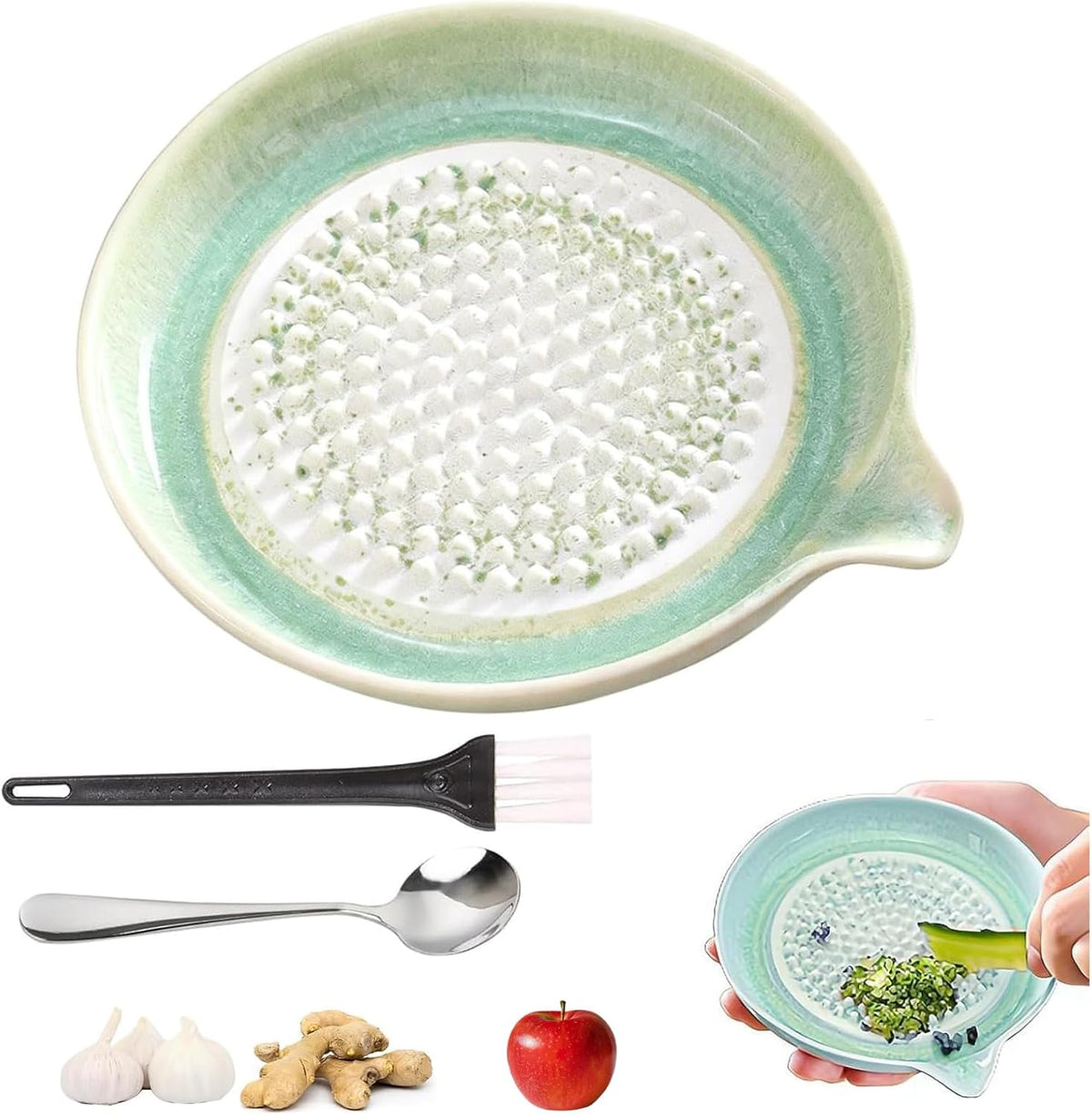 Gradient Ceramic Grater Plate – Handcrafted Multifunctional Grater for Ginger, Garlic，Cheese, Chocolate, Fruits & Vegetables – Unique Kiln-Fired Glaze, Easy-Pour Spout Includes Cleaning Brush (Green)