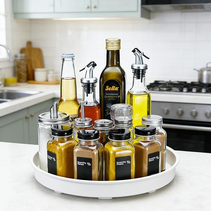 Amolliar Lazy Susan Organizer, 10" Metal Rotating Turntable for Kitchen, Fridge, Cabinet, Countertop, Pantry Storage Organizer, Tray for Household Purpose, Under Sink Organizer, Spice Rack, White 1PC