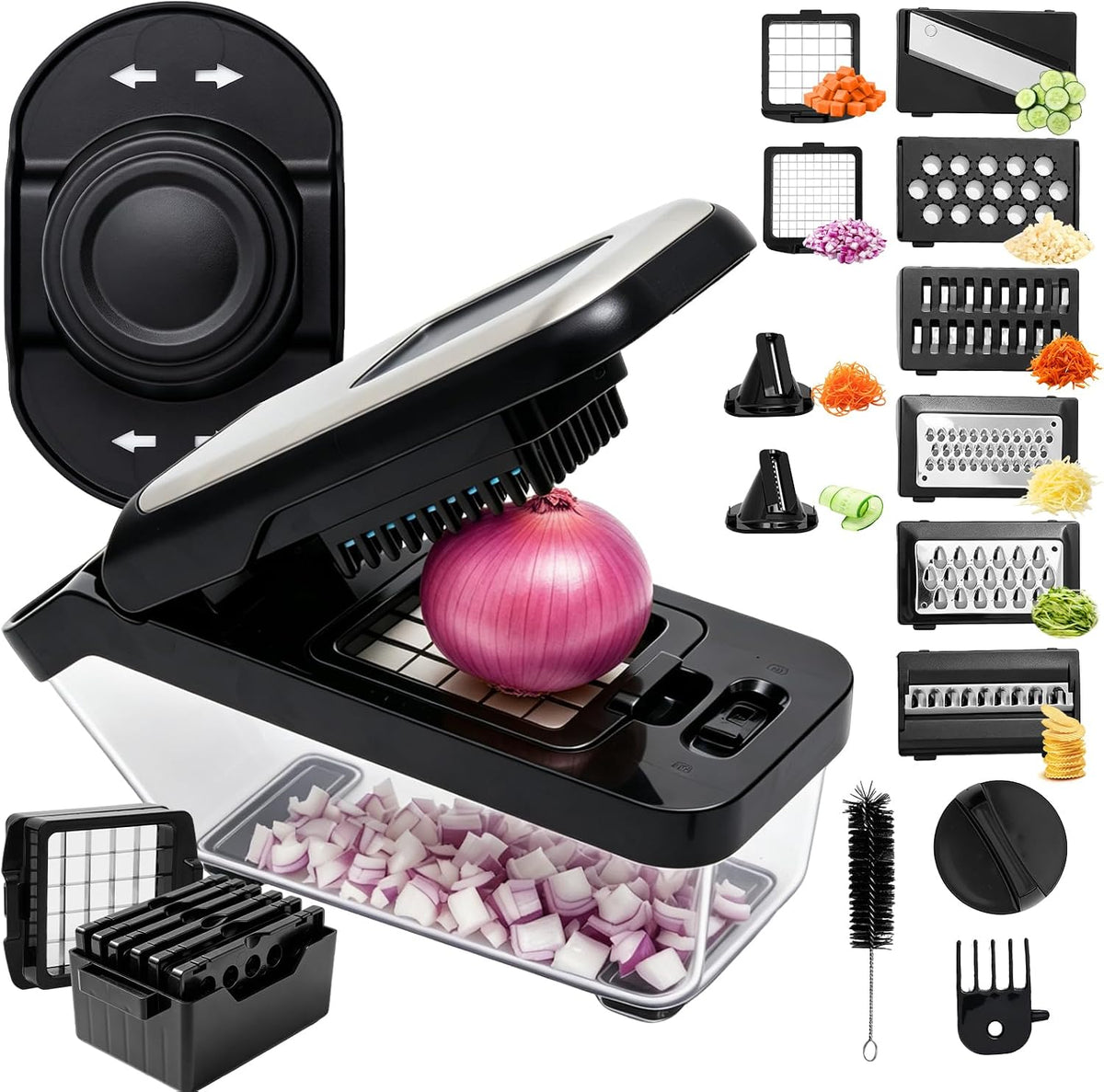 Vegetable Chopper, 10-in-1 Mandoline Slicer and Chopper with 10 Interchangeable Blades & Container, 304 Stainless Steel Press Lid, Onion Chopper, Potato Slicer, Julienne Cutter