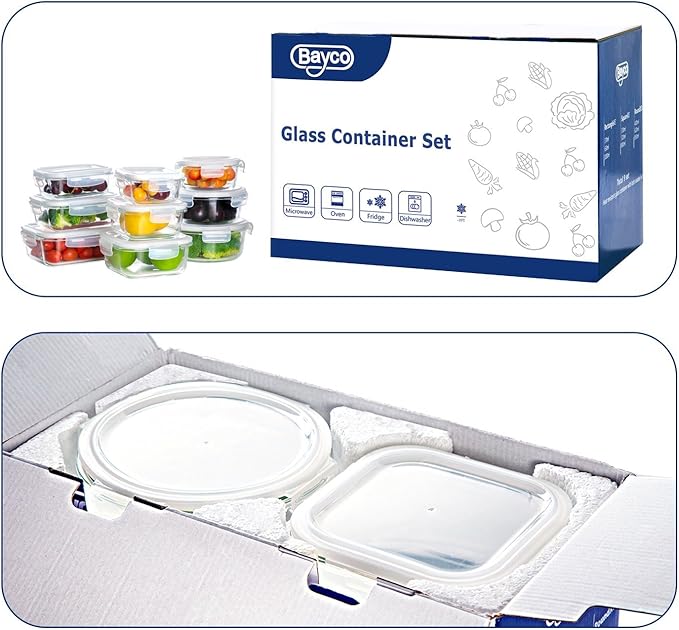 Bayco Glass Storage Containers with Lids, 9 Sets, Meal Prep Airtight Food Storage Containers for Food Storage with Lids - Leak Proof