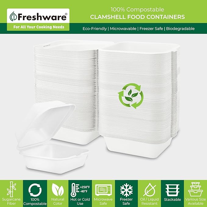 Freshware Clamshell Food Containers with Lids [6x6" 100-Pack] Disposable To Go Containers, Biodegradable Sugarcane To Go Boxes - Paper Container - Microwave & Freezer Safe, Stackable