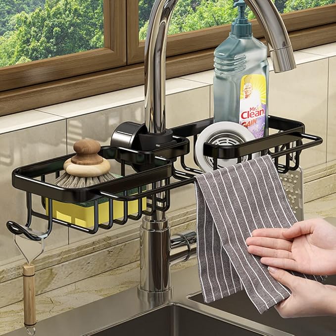 Faucet Sponge Holder Kitchen Sink Caddy Organizer Fit 0.71-1.1 inch diameter Faucet Hanging Drain Rack for Sink Organizer (Double with Dishcloth Rack, Black)