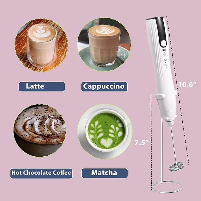 Rechargeable Milk Frother Handheld with Stand, Coffee Foam Frother Wand, Detachable Stainless Steel Whisk Drink Mixer for Coffee, Cappuccino, Lattes, Frappe, Matcha,Egg and Hot Chocolate, White