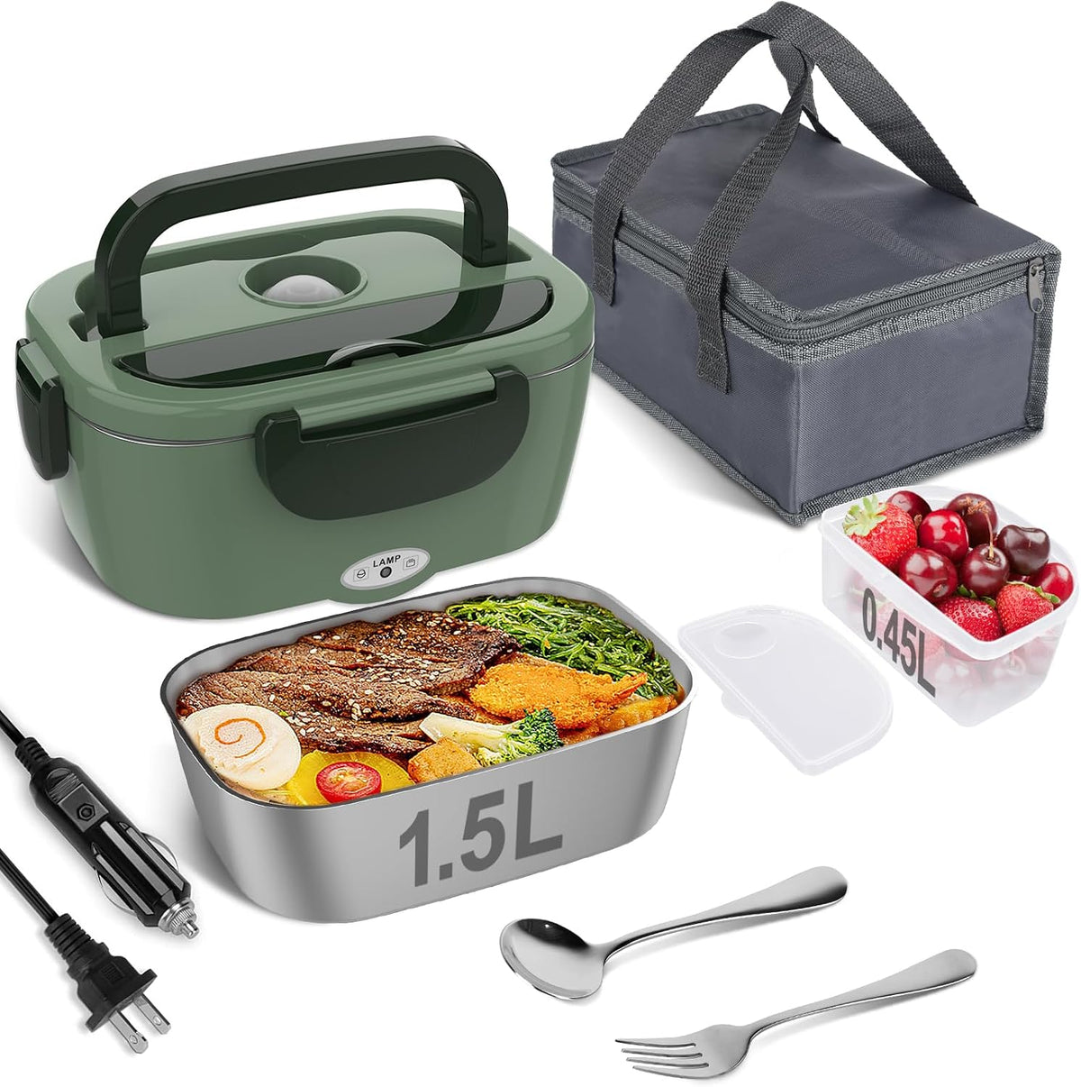 Electric Lunch Box for Adults, 80W Heated Lunch Box Portable Food Warmer Lunch Box for Work/Men/Car/Truck with 1.5L 304 Stainless Steel Container Fork & Spoon, 110V/12V/24V