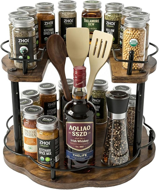 12 Inch Wood Lazy Susan Organizer Spice Rack, Lazy Susan Organizer, Height Adjustable Spice Rack, Kitchen Cabinet Storage and Pantry Turntable for Seasonings, Cans, Jars