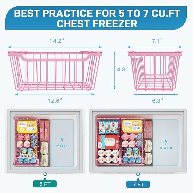 SUNALLY Freezer Organizer Bins, 8 Pack Stackable Chest Freezer Organizer for 5-7 Cu.FT Deep Freezer Sort Frozen Meats and Food, Freezer Storage Baskets with Handles Easy Reach from Bottom, Pink