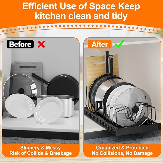 FLSEPAMB Pots and Pans Organizer Sliding Pot and Pan Organizer in Kitchen, 1 Pack Cabinet Pull Out Shelves, for Pots, Lids and Pan Organizer with Two Types of Shelves