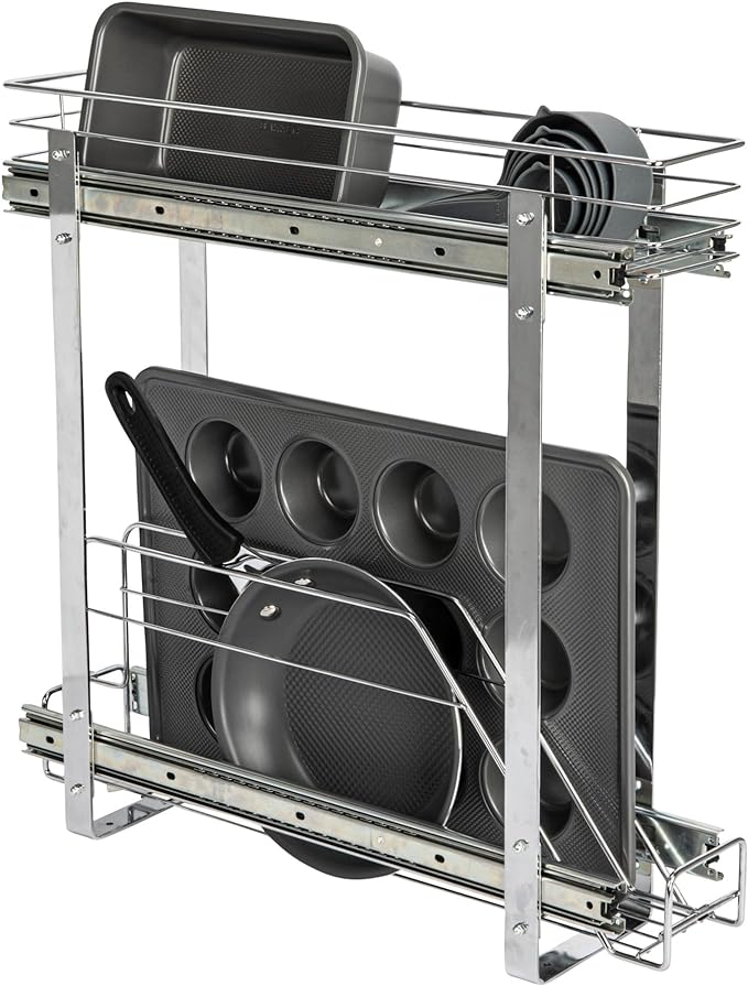 Household Essentials Glidez Multipurpose Chrome-Plated Steel Pull-Out/Slide-Out Storage Organizer for Cookware and Bakeware - 2-Tier Design - Fits Standard Size Cabinet or Shelf, Chrome