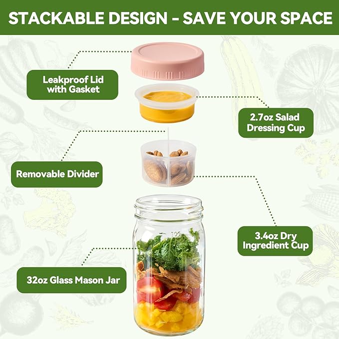 4 Pack Glass Salad Pod Mason Jar with Dressing Cup, 32 oz Salad Container to Go with Lids Meal Food Prep for Adults Lunch, Large Travel Mason Jar Bowl with 2 Insert Dressing & Topping Holder