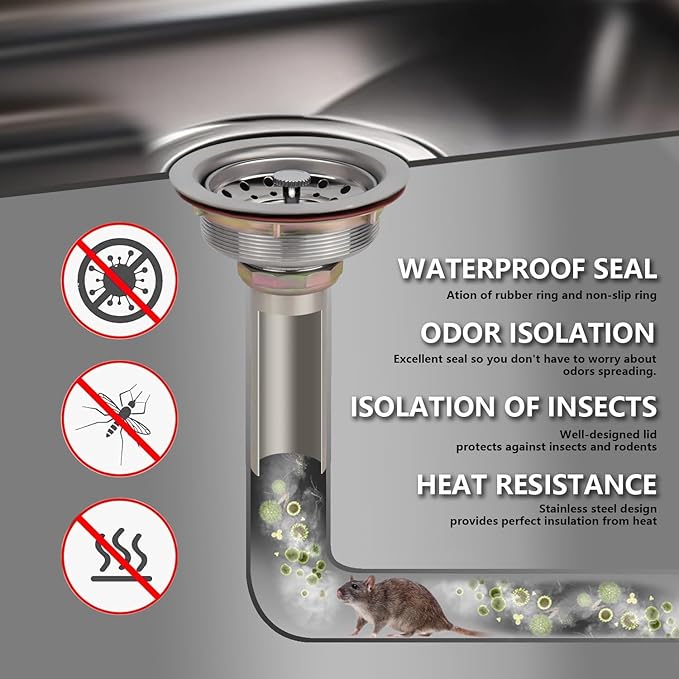 Uni-Green Kitchen Sink Drain Kit for Standard 3-1/2 inch Drain - Fit 1-1/2 inch Pipe - Stainless Steel Basket with Knob - Rubber Stopper Bottom - 3.5" Kitchen Sink Drain Strainer Replacement Kit