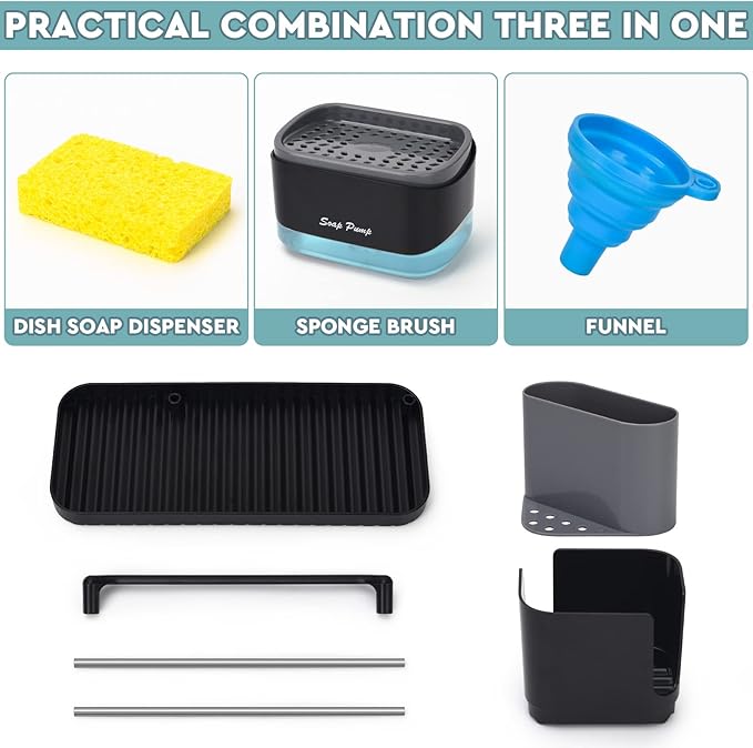 Bestseek Kitchen Soap Dispenser Set with Tray and Sponge Holder, Sink Caddy Organizer with Dishcloth and Dish Brush Holder, for Countertop Storage Organize - Practical Kitchen Gadgets