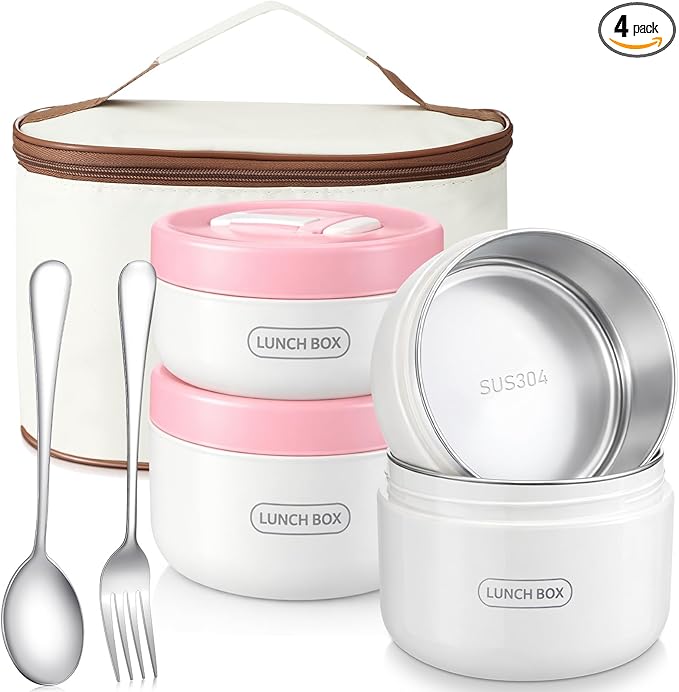 Dandat 4 Pcs Insulated Lunch Container, Portable Bento Box, Stainless Steel Lunch Box, Round Stackable Leakproof Thermal Food Container for Adult Men Women with Insulated Bag, 74 oz(Pink)