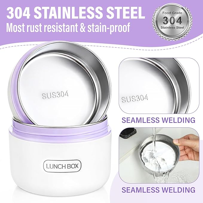 Dandat 4 Pcs Insulated Lunch Container, Portable Bento Box, Stainless Steel Lunch Box, Round Stackable Leakproof Thermal Food Container for Adult Men Women with Insulated Bag, 74 oz(Purple)