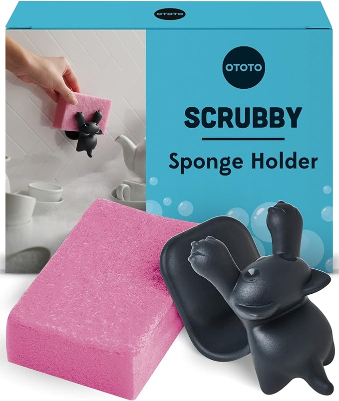 OTOTO Scrubby Cute Cat Sponge Holder for Kitchen Sink - Dishwasher Safe Dish Organizer- Compact, Cute Kitchen Accessories, Dish Sponge, White Elephant Gifts