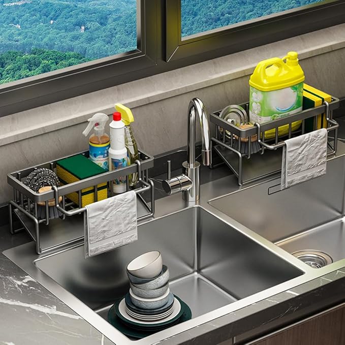 Sink Caddy Kitchen Sink Organizer, Sponge Holder for Kitchen Countertop for Dish Brush Gloves, Dish Cloth Hanger, Rustproof Kitchen Caddy with Drip Tray (Grey)