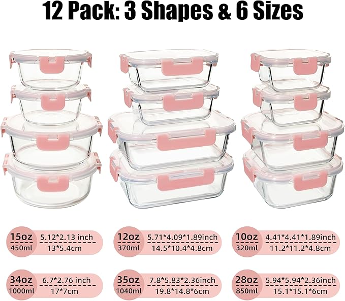 12 Pack Glass Food Storage Containers Set, Glass Meal Prep Containers with Lids, Airtight Lunch Containers, Dishwasher Safe, pink