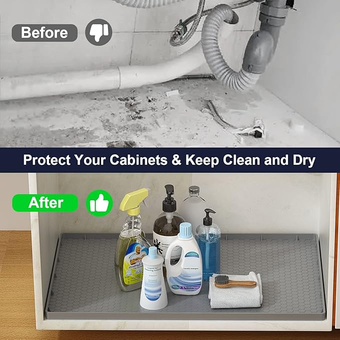 Under Sink Mat - 37" x 22" Waterproof Kitchen Cabinet Mat - Flexible Silicone Under Sink Liner - Kitchen Bathroom Cabinet Mat and Protector for Drips Leaks Spills (Gray)