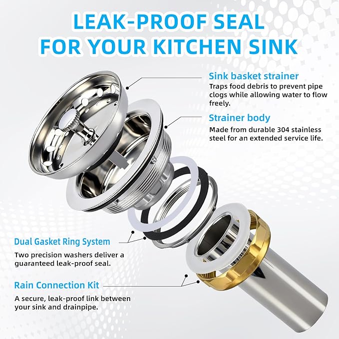 Kitchen Sink Drain Assembly, Stainless Steel Basket Strainer with Knob, 3-1/2 Inch Sink Drain Stopper Plug, Threaded Plastic Sink Strainer Tailpiece 1-1/2 in