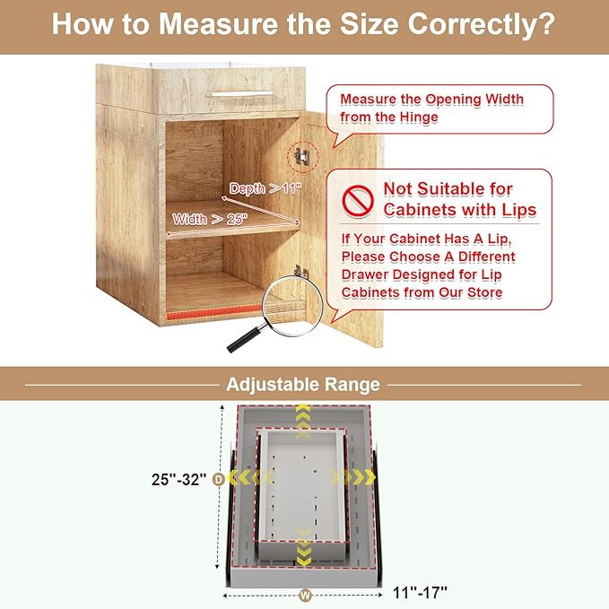 Fokyfok Pull-Out Cabinet Organizer, Expandable Width（11"–17"） and Depth (25"-32"),Adhesive No-Drill or Drill Mount Slide Out Drawer for Kitchen, Pantry, Roll out Shelves for Frameless Cabinets, White