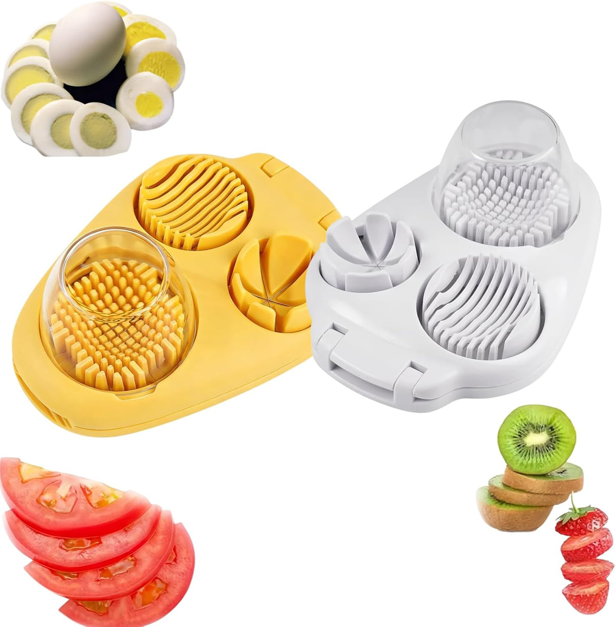 3 In 1 Egg Slicer For Hard Boiled Eggs, New Hard Boiled Egg Cutter Egg Slicer for Hard Boiled Eggs, Eggs Slicers 3 Ways for Strawberry, Mushroom, Grape, Cherry Tomato (Yellow + White)