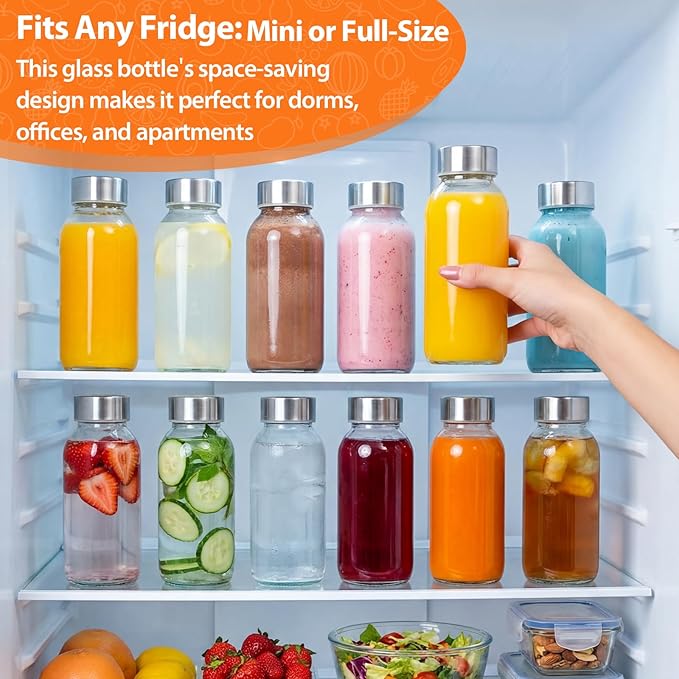 Luxfuel 8 oz Glass Water Bottles with Lids, 12 Pack Small Glass Juice Bottles with Stainless Steel Caps & Funnel, Leak-Proof Containers for Juicing, Milk, Ginger Shots, Smoothies, Wellness Drinks