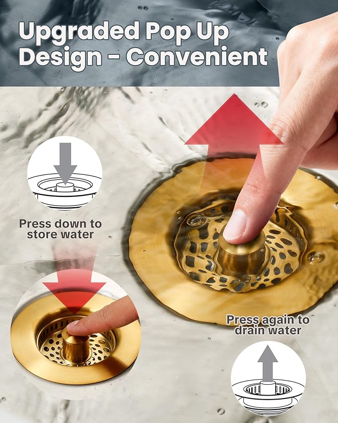 ARCORA Kitchen Sink Drain Strainer: Stainless Steel 3 in 1 Sink Stopper with Anti-Clogging Basket, Kitchen Strainer with Brass Bounce Core for Standard 3-1/2 Inch Drain, Brushed Gold