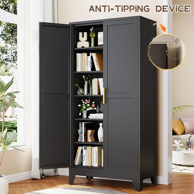 winiowa Tall Metal Kitchen Pantry Storage Cabinet with 2 Doors and 5 Adjustable Shelves - 75.2" Kitchen Cabinet with Gold Handles for Kitchen, Bathroom, Dining Room, Living Room - Black