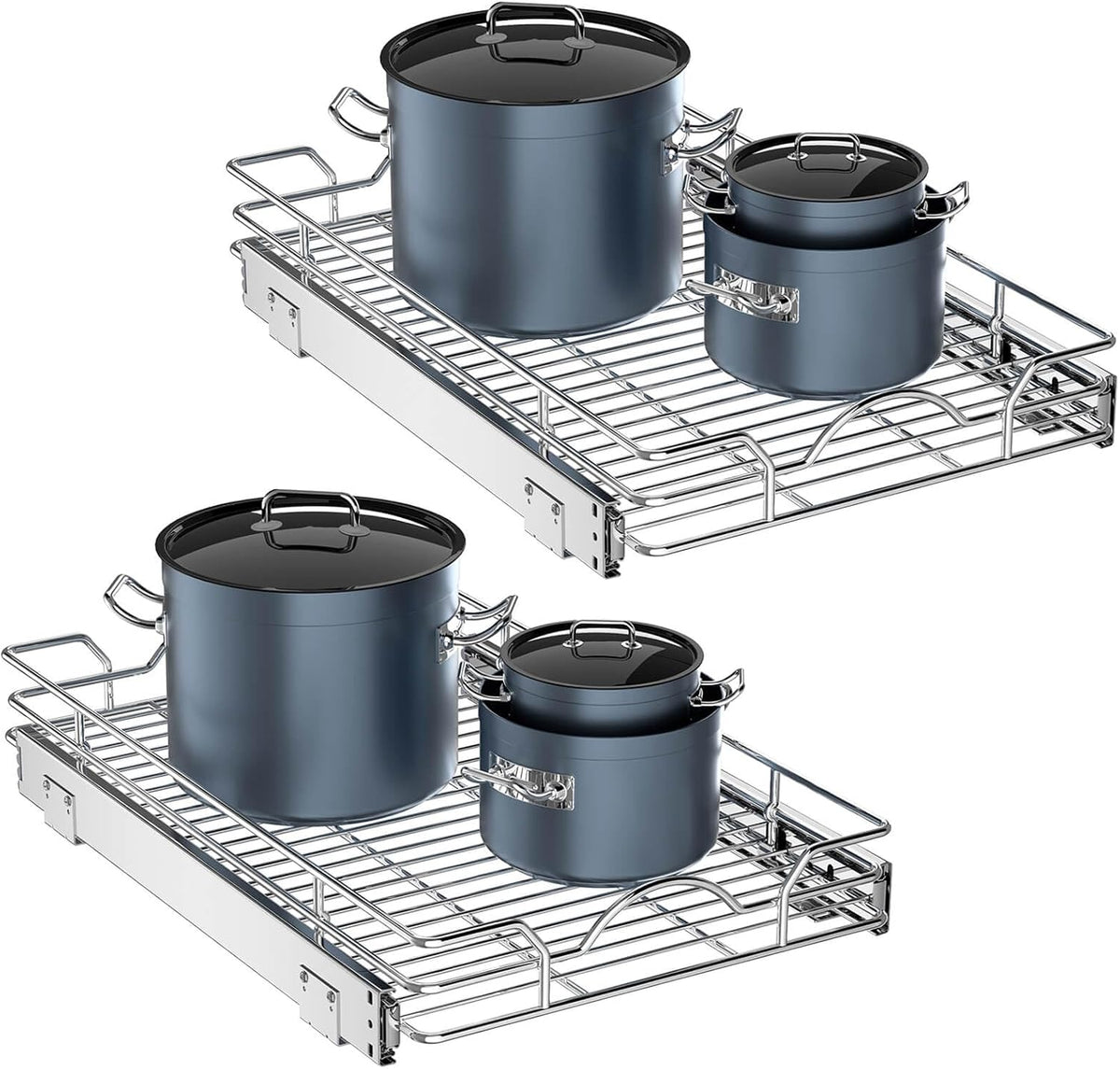 Pull Out Cabinet Organizer 2 Pack (15" W x 21" D), Pull out Shelves 1 Tier, Cabinet Slide Out Shelves for Base Cabinet Organization in Kitchen Bathroom Pantry, Bottom Mount, Chrome Finish