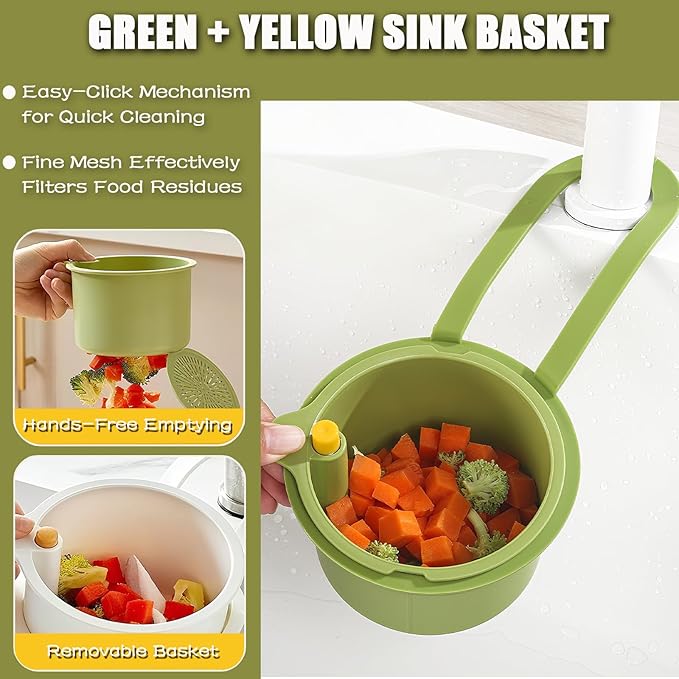 2PCS Hanging Kitchen Sink Strainer Baskets, Faucet Hanging Strainer, Corner Food Catcher, Sink Protector, Press Dumping Food Waste Catcher, Kitchen Sink Drain Strainer with Dish Sponge (Green+Yellow)