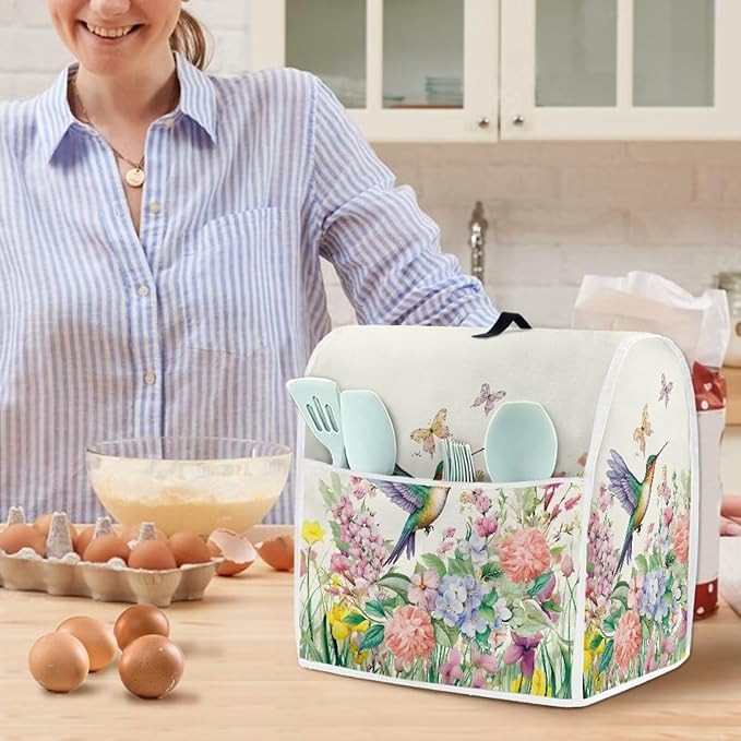 Spring Hummingbird Stand Mixer Cover with Top Handle and Side Pocket Washable Food Processor Dust Cover Compatible with 6-8 Quart Coffee Makers Fingerprint Resistant