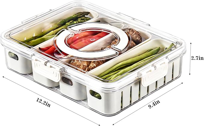Divided Veggie Tray with Lid and Handle 4 Compartment Serving Tray Portable Travel Snack Storage Containers Stackable Snackle Box Charcuterie Container for Fruit,Vegetable,Salad