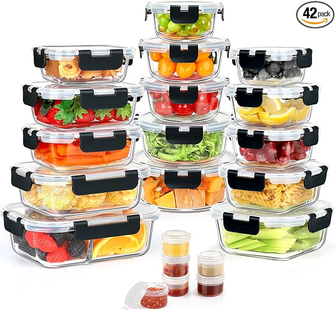 AMALEKO 42pcs Glass Food Storage Containers with Snap Locking Lids Set, Glass Meal Prep Containers (21 Container & 21 Lids),Leak Proof Lunch Containers BPA-Free,Black