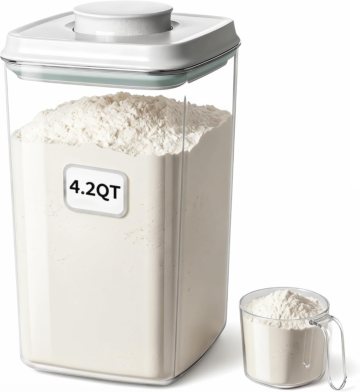 Pop Airtight Food Storage Container with Lid, 4L/4.2qt Large Cereal Flour Sugar Storage Container with Scoop, One Button Opening, BPA-Free, Kitchen Pantry Organization and Storage
