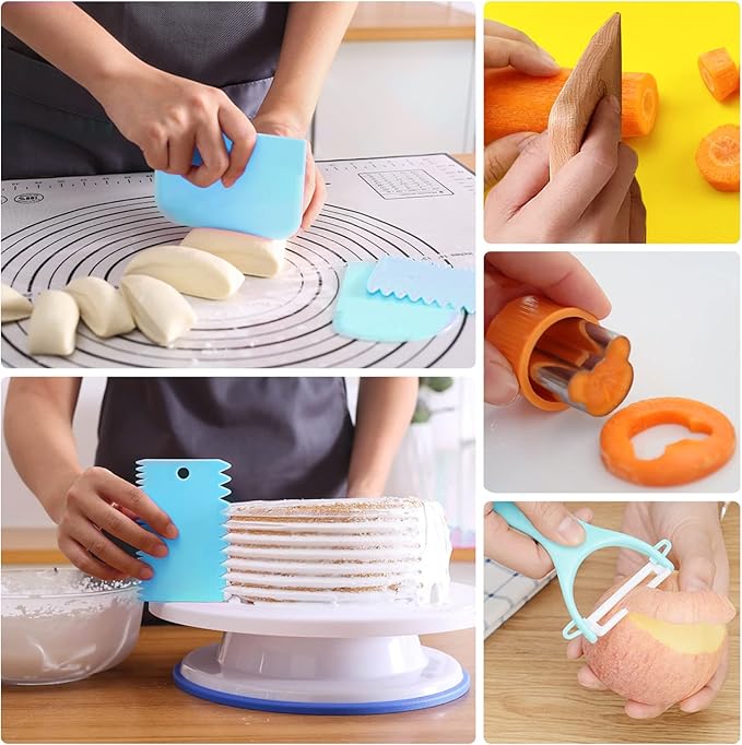 RISICULIS 21 Pieces Toddler Knife, Kids Knife Set Includes Wood Kids Safe Knifes, Plastic Toddler Knifes, Cutting Board, Apron, Chef Hat, Y Peeler, Crinkle Cutter, Cake Scraper